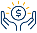 Yellow and blue commercial solar companies' graphic of two hands cupping a dollar sign