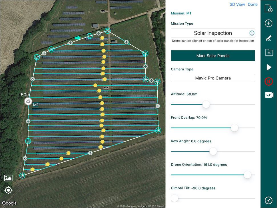 A screenshot of information gathered by a drone, including a birds-eye view of a planned area for solar panel installation and site measurements, representing the advantages of drones as solar site survey tools. Image courtesy of Sitemark and Hammer. 