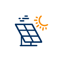 Yellow and blue industrial solar graphic of a sun on solar panels