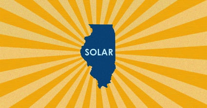 The blue silhouette of the state of Illinois with the word “solar” in the center, surrounded by yellow and orange rays, representing Illinois solar incentives in 2022.