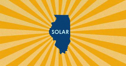 The blue silhouette of the state of Illinois with the word “solar” in the center, surrounded by yellow and orange rays, representing Illinois solar incentives in 2022.