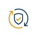 Yellow and blue industrial solar graphic of a shield with a tick inside two recycling arrows