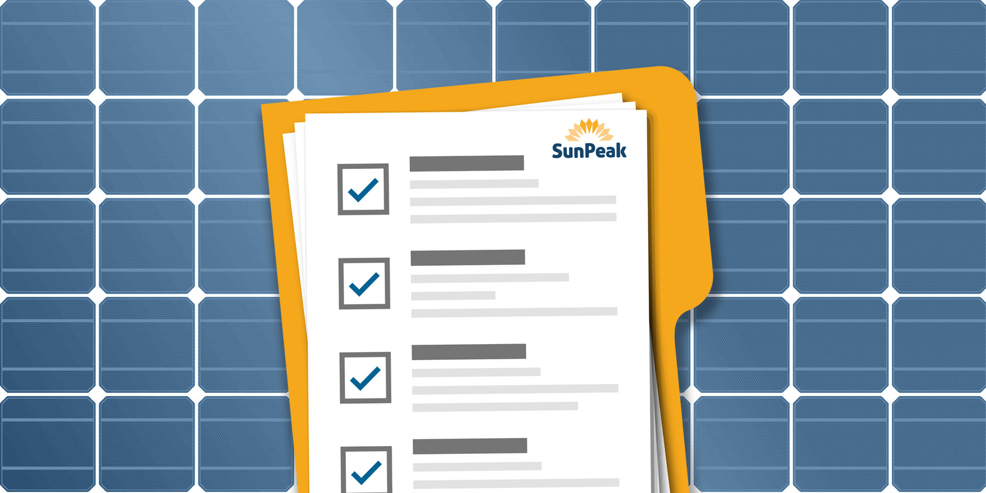 A digital illustration of a folder beneath a SunPeak preventative commercial solar panel maintenance plan, on a grid background.