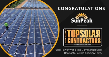 SunPeak Awarded Top Solar Contractor 2022